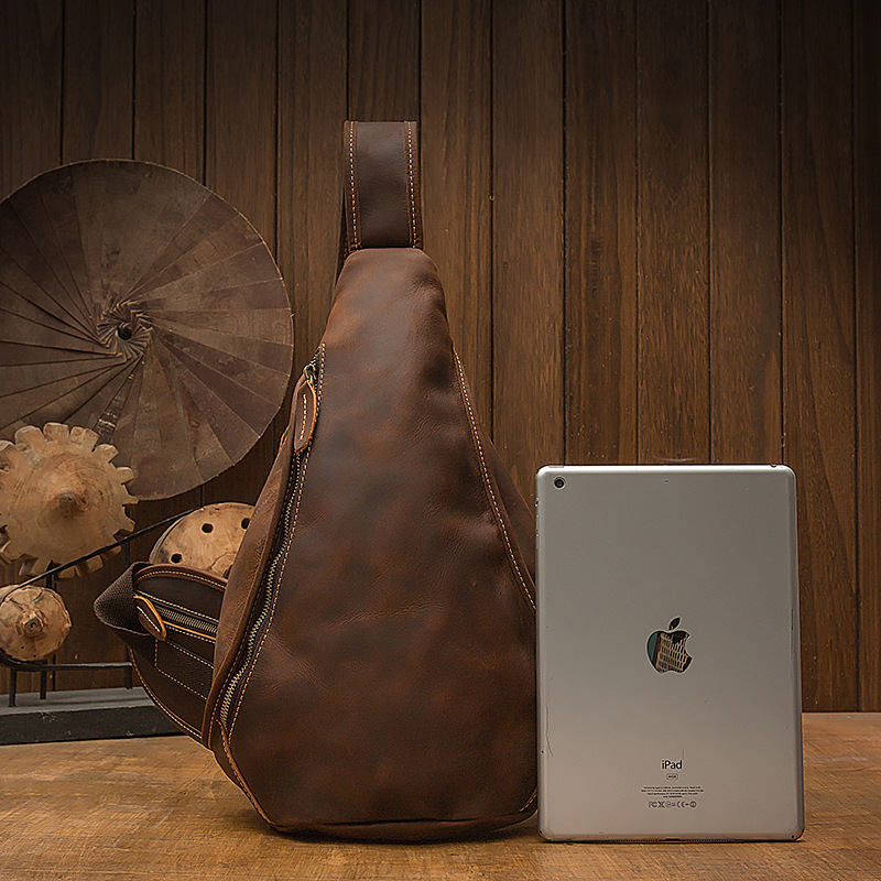 原創手工真皮胸包男歐美風瘋馬皮胸前包牛皮復古男士單肩包斜挎包