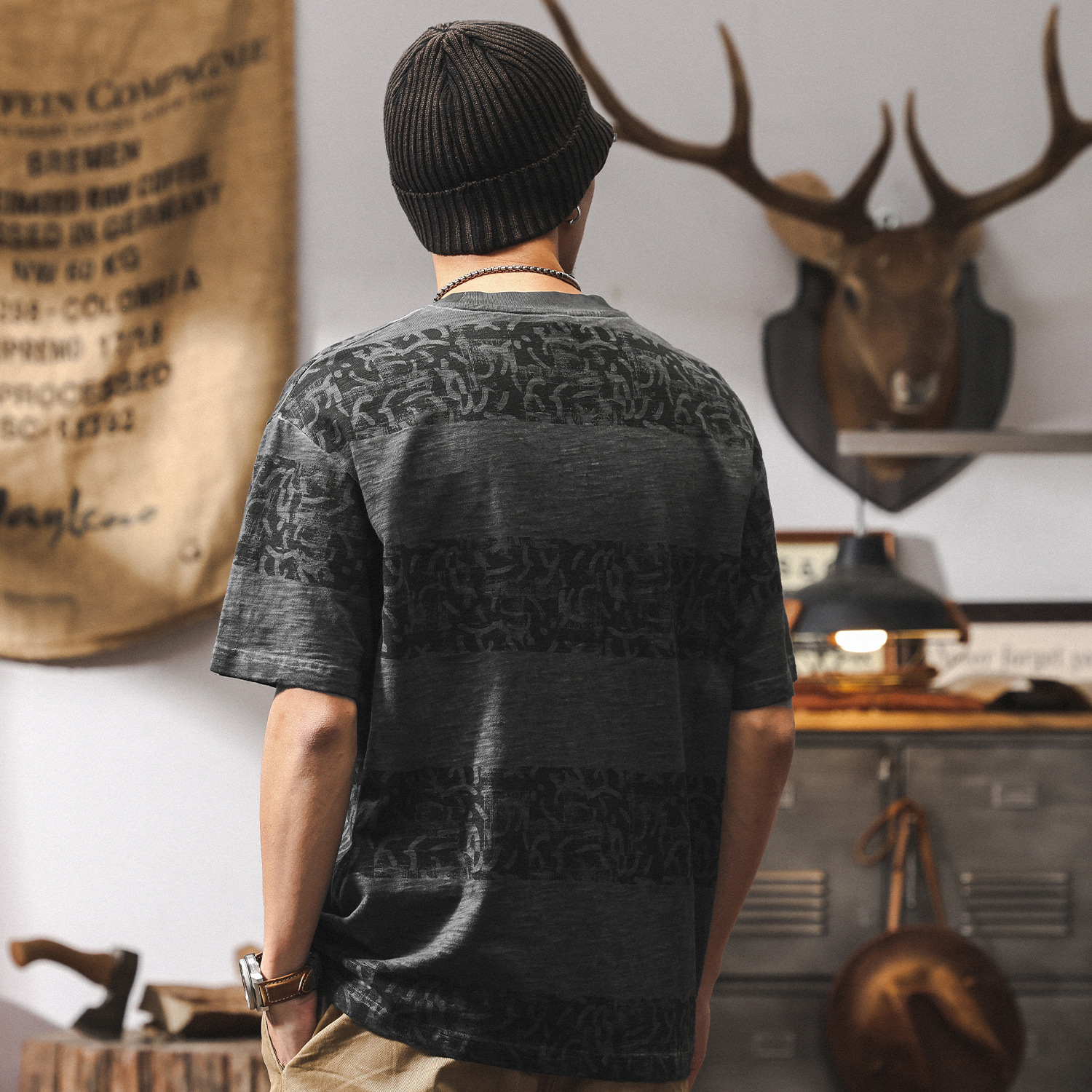 高級感竹節棉T恤男夏季2025新款潮流紋理條紋印花短袖男寬鬆上衣T