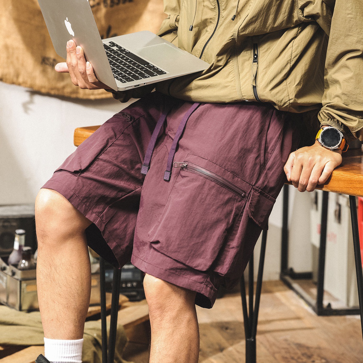 美式戶外白色工裝短褲男夏季潮牌運動速幹五分褲寬鬆大碼冰絲中褲