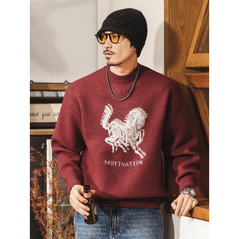 美式復古重磅絨感紅色毛衣男款冬季加厚保暖毛線衣寬鬆男士針織衫