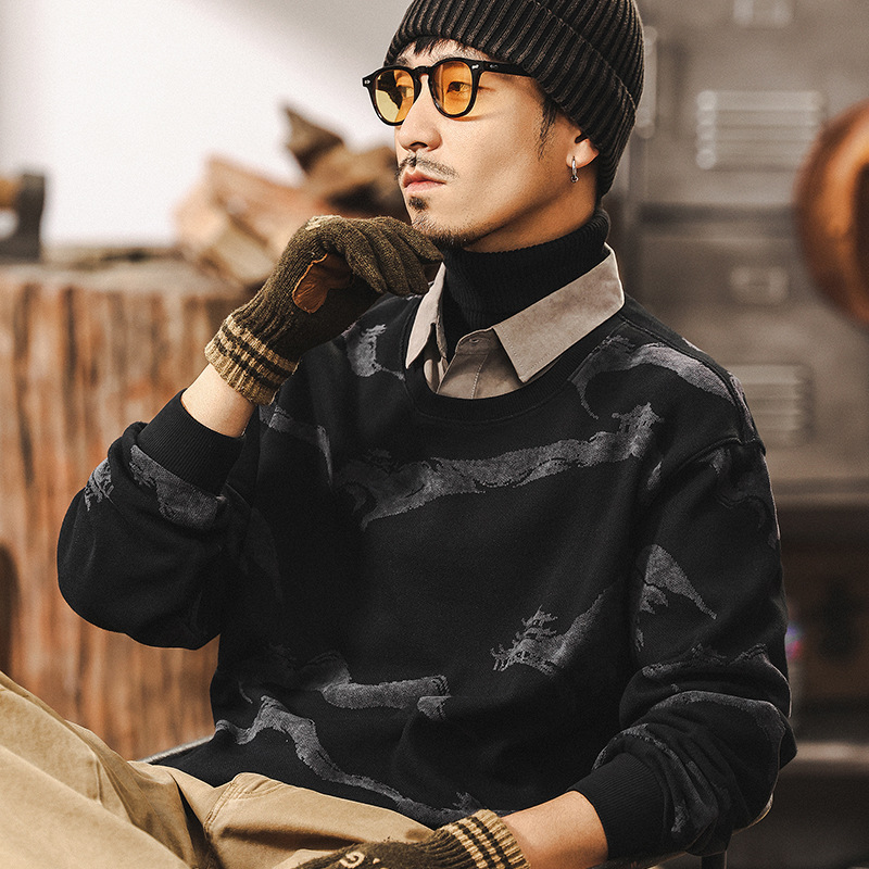 美式重磅復古假兩件衛衣男長袖春秋2025新款提花仿毛織襯衫領男裝