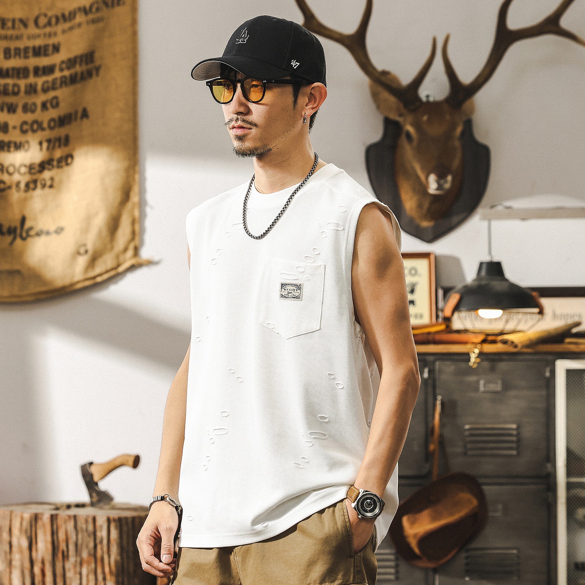 美式復古破洞肌理感健身背心男款夏季運動坎肩馬甲潮牌寬鬆T恤男