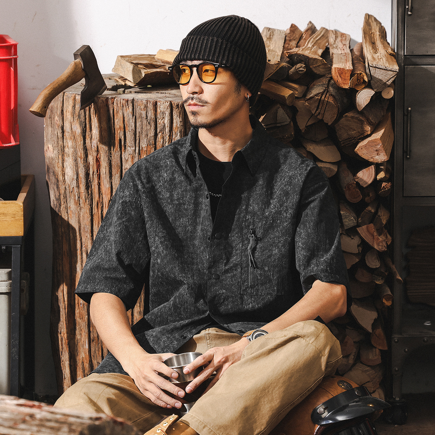 美式復古山系戶外薄款工裝短袖襯衫男夏季2025新款寬鬆休閒襯衣男