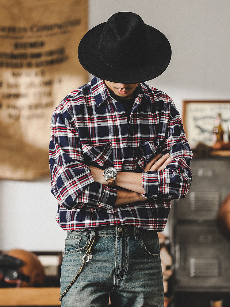 美式經典復古格子長袖襯衫男2024新款磨毛內搭英倫休閒襯衣男上衣