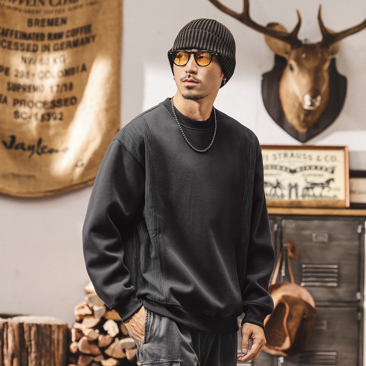 美式復古拼接設計感秋季重磅衛衣男2025新款春秋潮牌寬鬆男士上衣