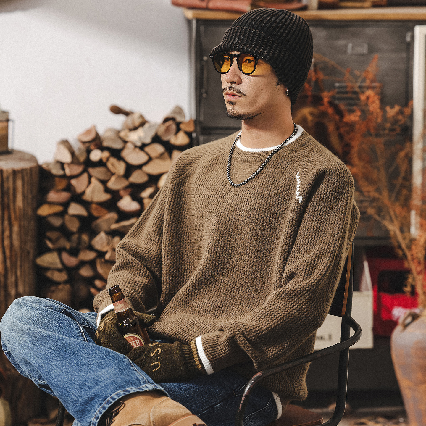 美式復古重磅假兩件毛衣男加厚冬季保暖毛線衣圓領寬鬆男士針織衫