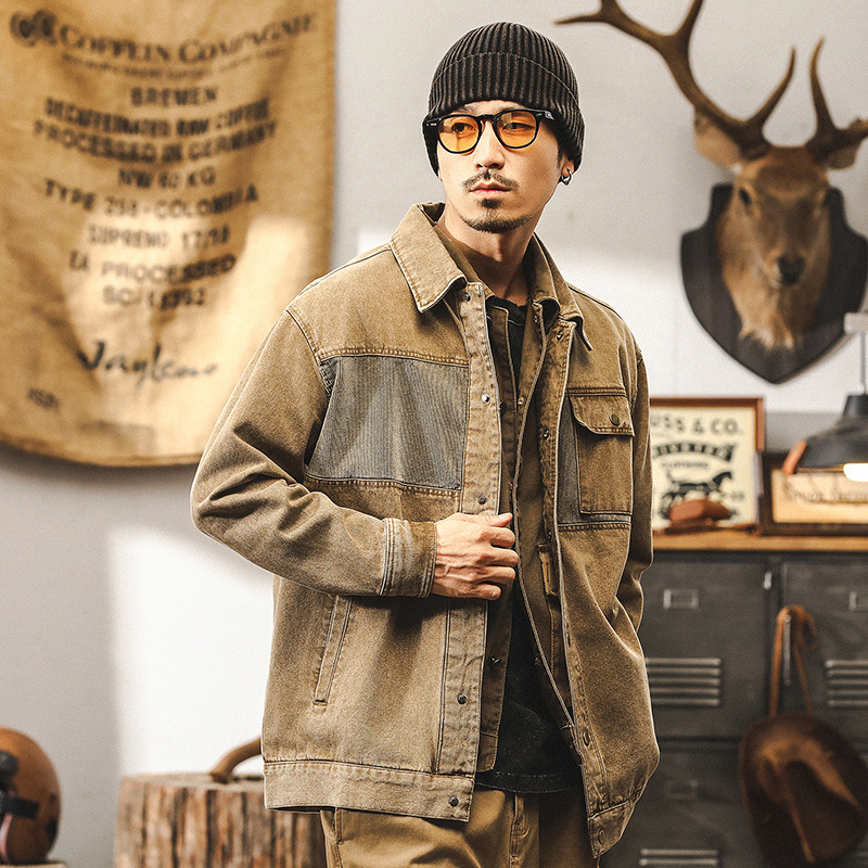 美式復古牛仔外套男春秋新款做舊重水洗寬鬆潮牌阿美咔嘰工裝夾克