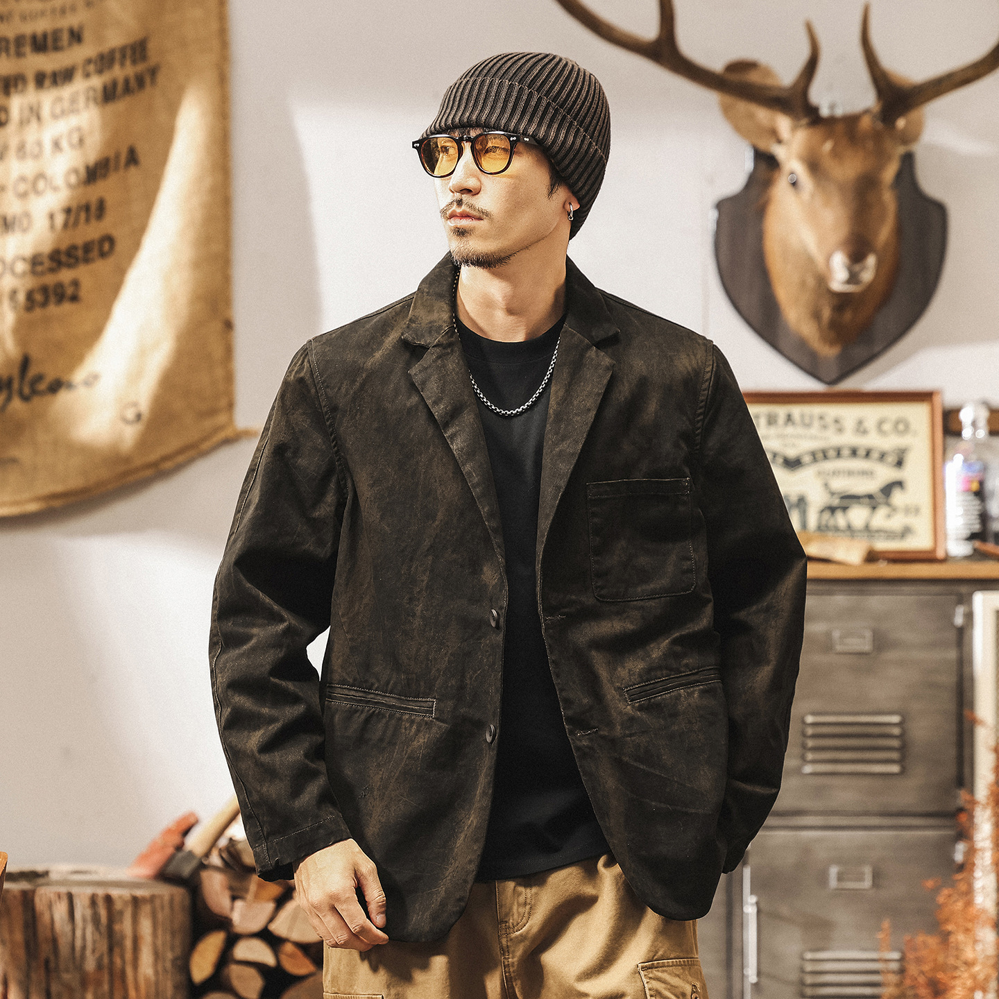 美式復古斑駁做舊西裝外套男春秋新款寬鬆工裝夾克男秋季男式西服