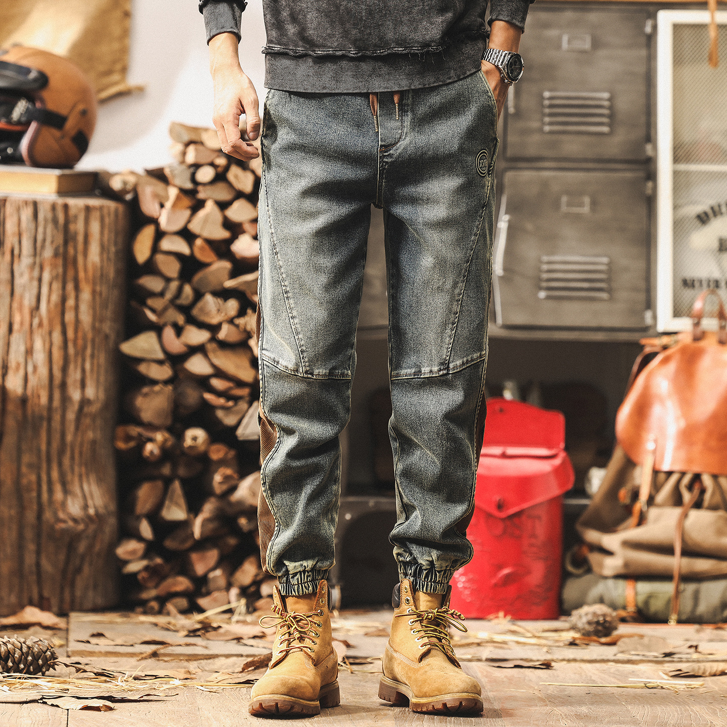 美式復古牛仔褲男2025新款春秋潮牌做舊拼接工裝褲子男秋季休閒褲