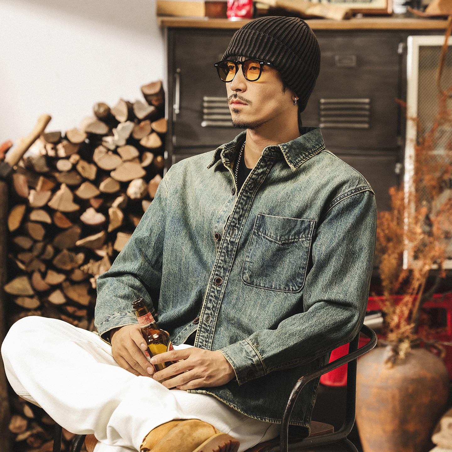 美式懷舊復古水洗牛仔襯衫男秋季新款潮流長袖襯衣男春秋寬鬆外套