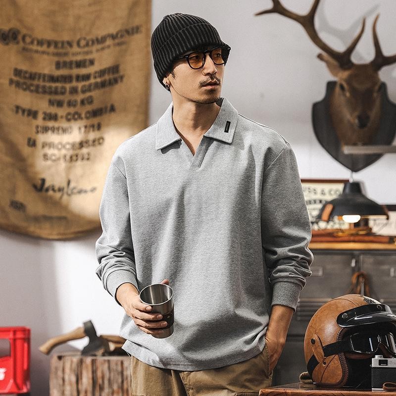 男士POLO衫春季2025新款潮牌美式復古寬鬆280g重磅T恤男長袖上衣