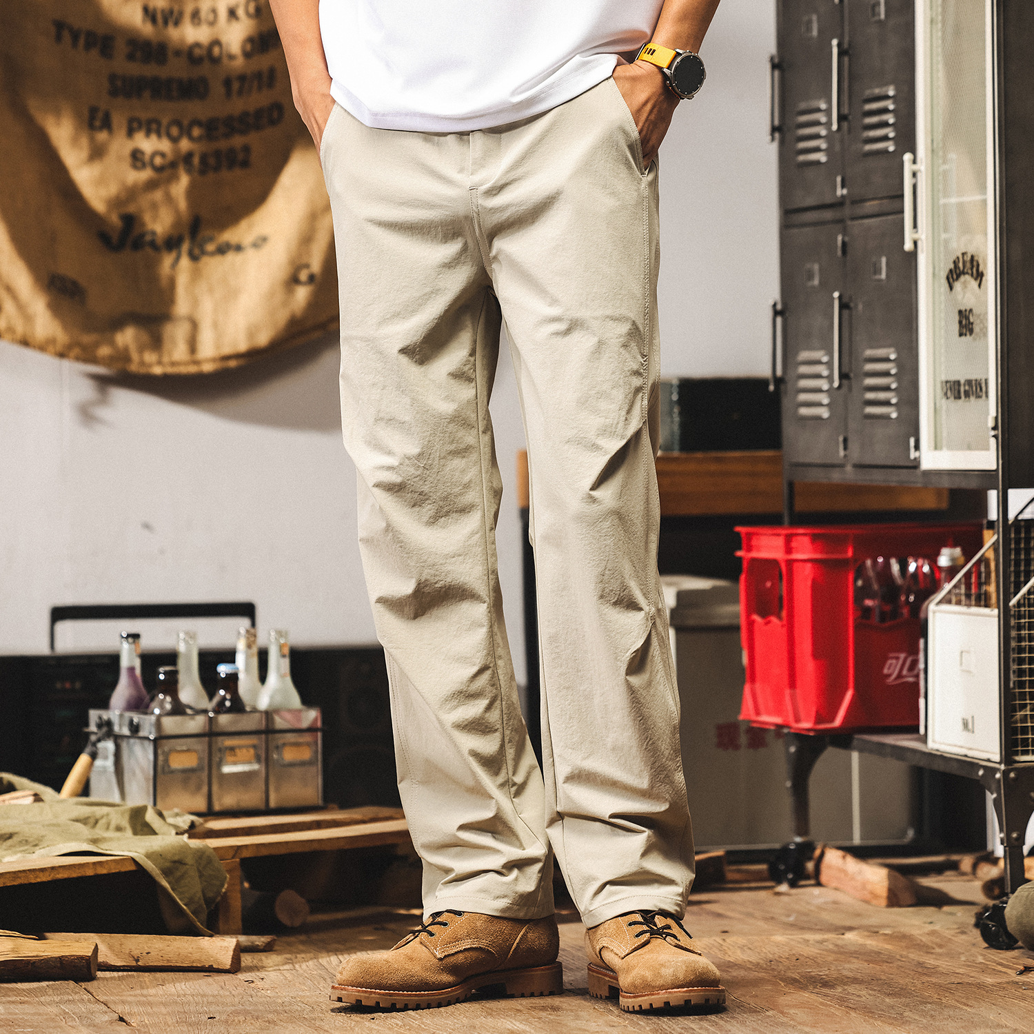 美式薄款冰絲涼感卡其色褲子男款夏季寬鬆直筒長褲城市通勤休閒褲