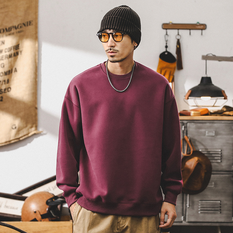 美式重磅圓領衛衣男款秋季潮牌寬鬆酒紅色上衣簡約百搭休閒衣服男