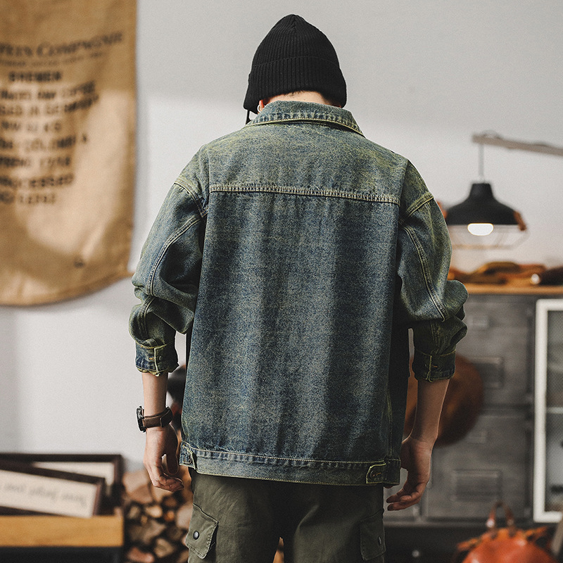 美式復古黃泥染牛仔外套男春季2024新款潮牌痞帥男士休閒工裝夾克