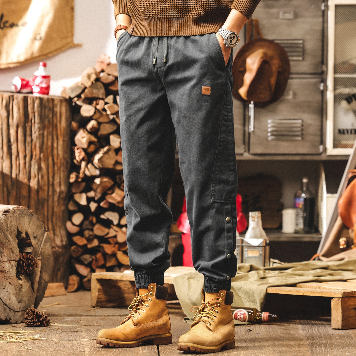 美式重磅復古加絨褲子男士冬季加厚雪花絨休閒褲男款束腳工裝褲子