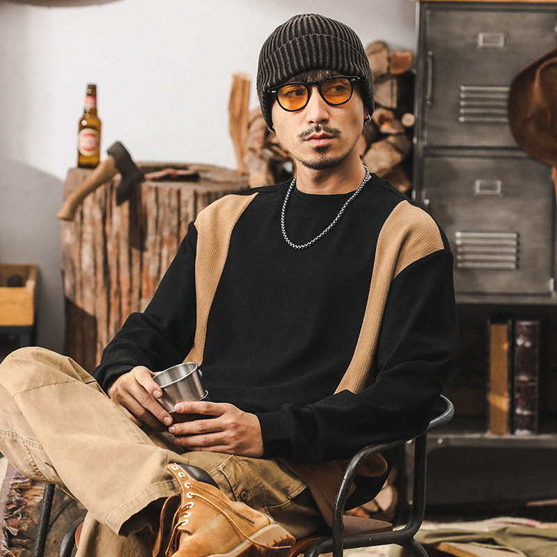 美式復古拼接撞色長袖T恤男秋季潮牌重磅肌理感寬鬆男士休閒上衣