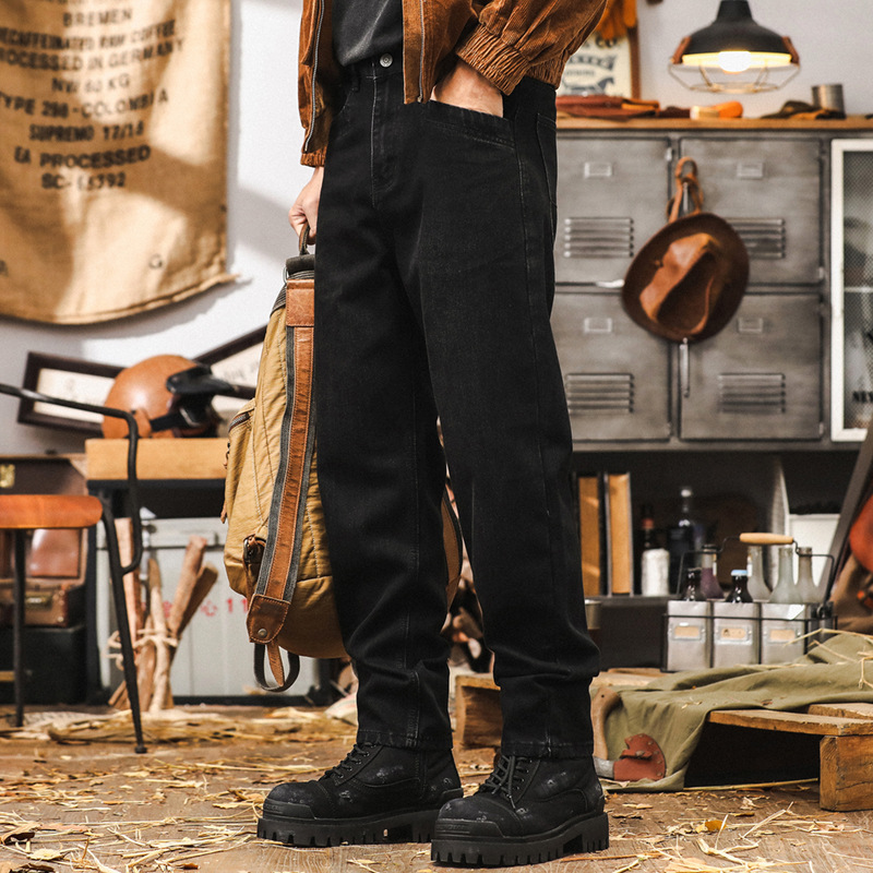 美式復古黑色牛仔褲男秋季酵母工廠水洗褲子men2024新款寬鬆直筒休閒褲