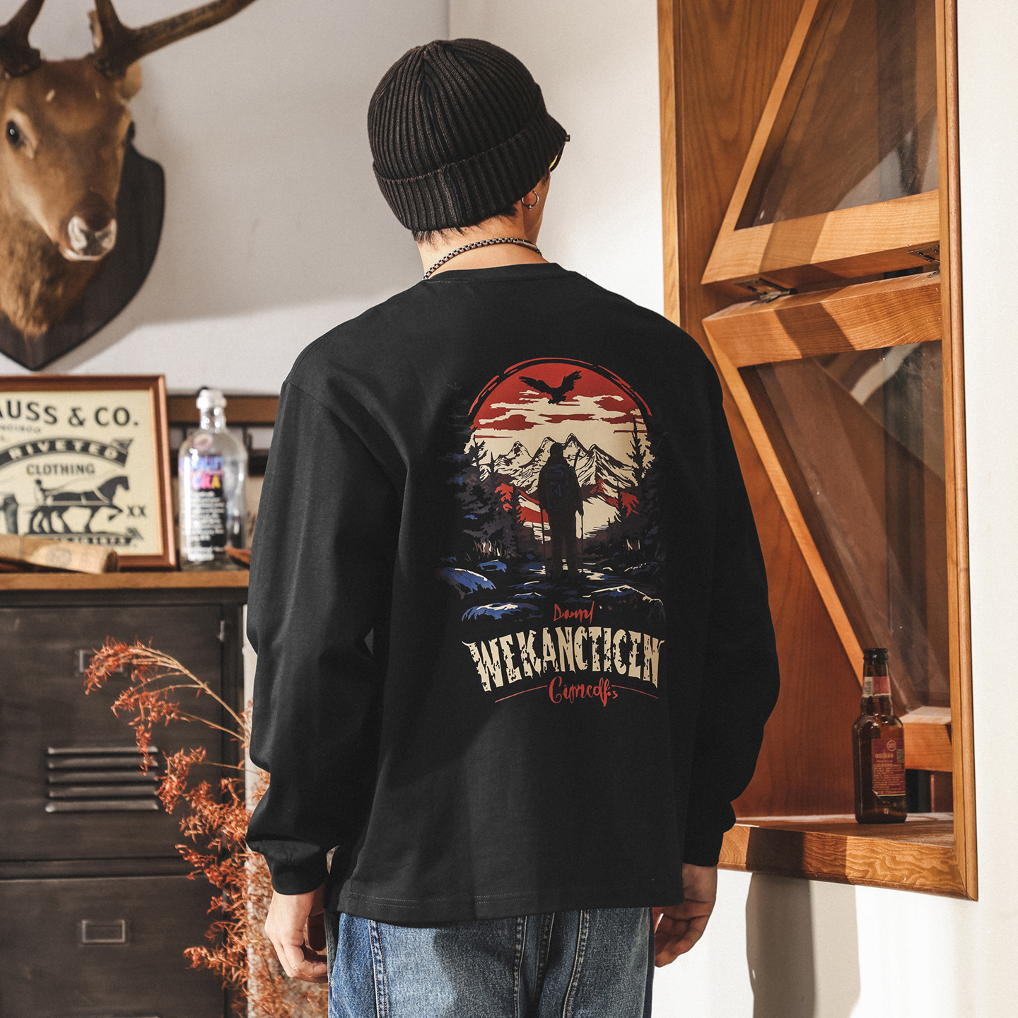 美式山系戶外長袖t恤男2025新款潮流300g重磅寬鬆大碼秋季上衣男T