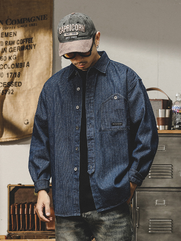 杰雷諾320g重磅條紋工裝襯衫男長袖春秋厚款美式休閒寬鬆古著襯衣