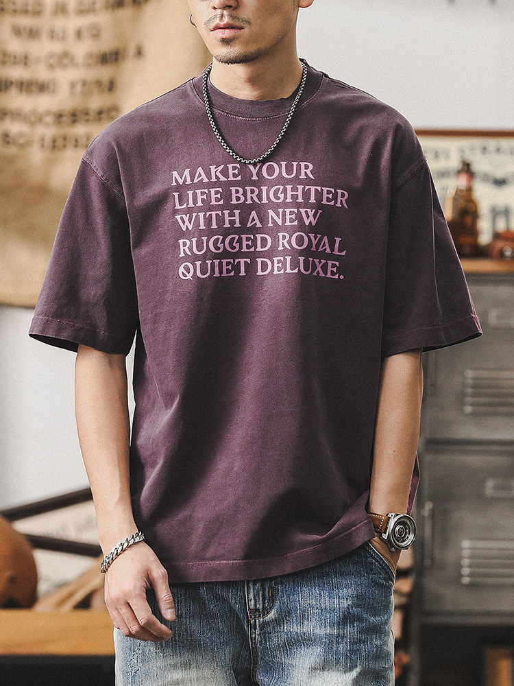 300g重磅T恤男短袖夏季美式復古水洗上衣寬鬆多巴胺紫色體恤