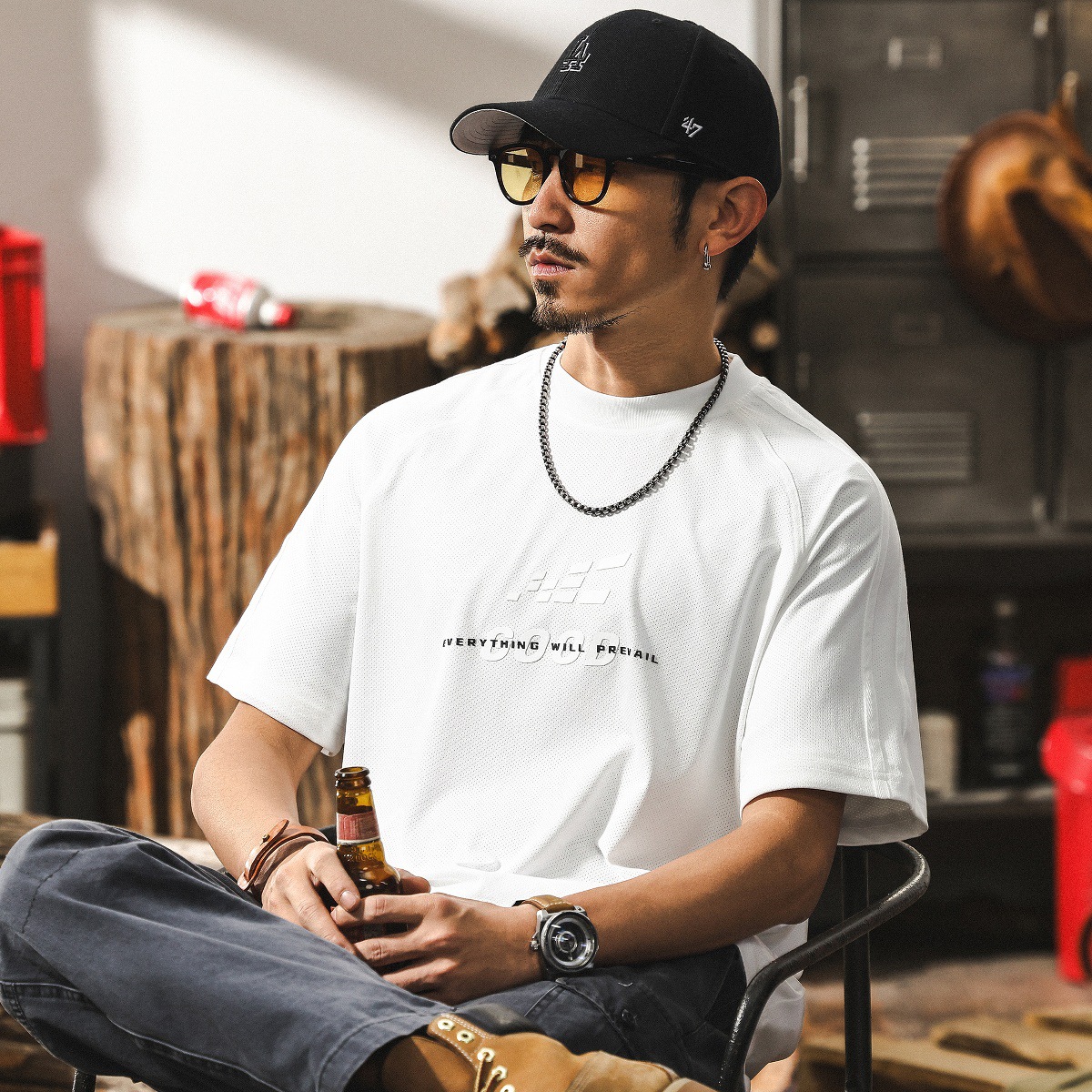 薄款網眼運動涼感T恤男夏季黑色短袖2025新款立體感印花寬鬆上衣