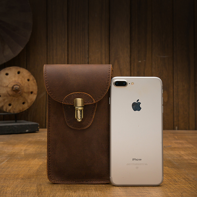 手工真牛皮手機包男士腰帶包多功能掛包瘋馬皮穿皮帶腰包便捷小包