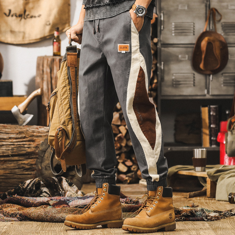 美式復古工裝褲子男秋季新款潮牌撞色潮流設計拼接寬鬆束腳休閒褲