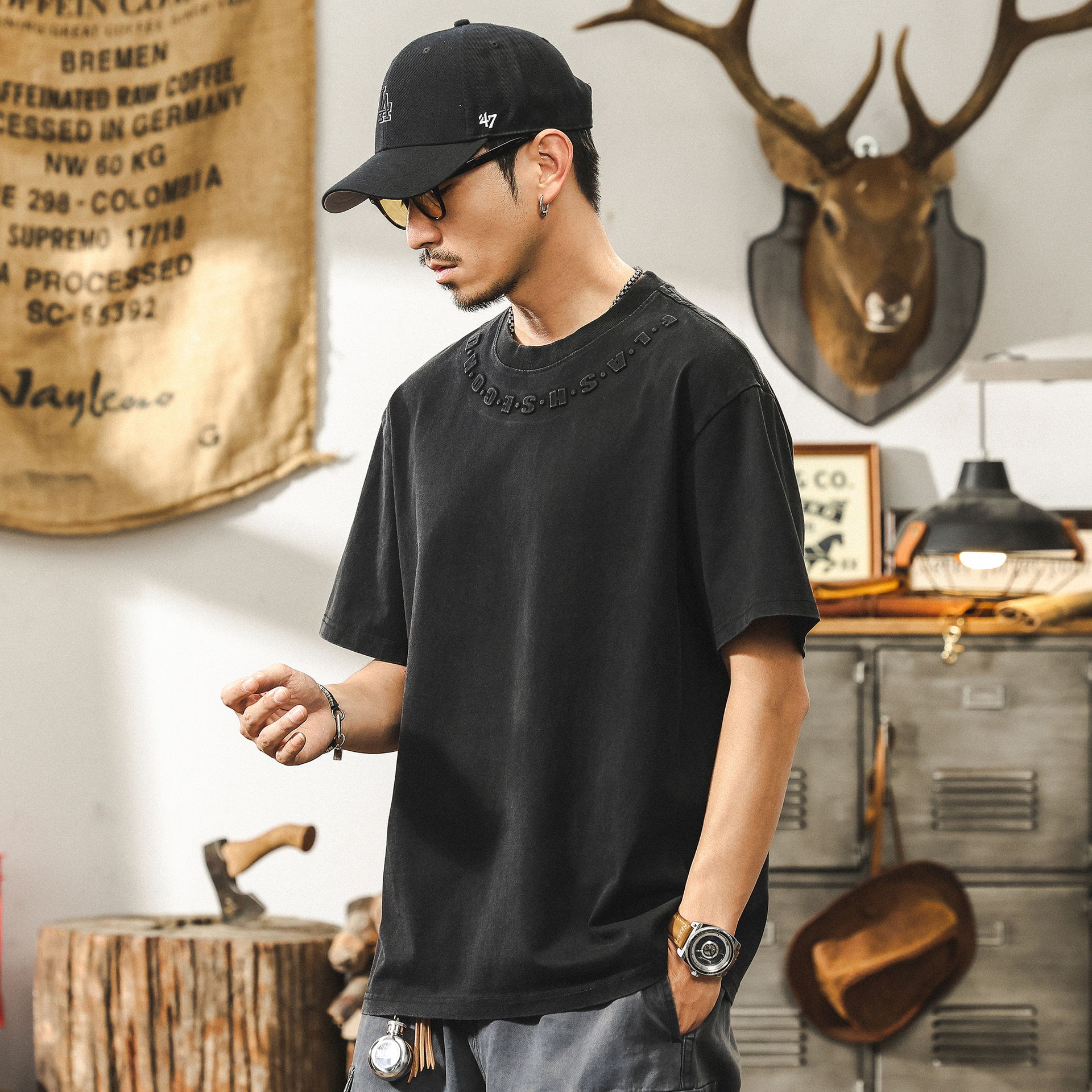 美式復古260g重磅T恤男夏季短袖2025新款潮流立體鋼印寬鬆上衣男