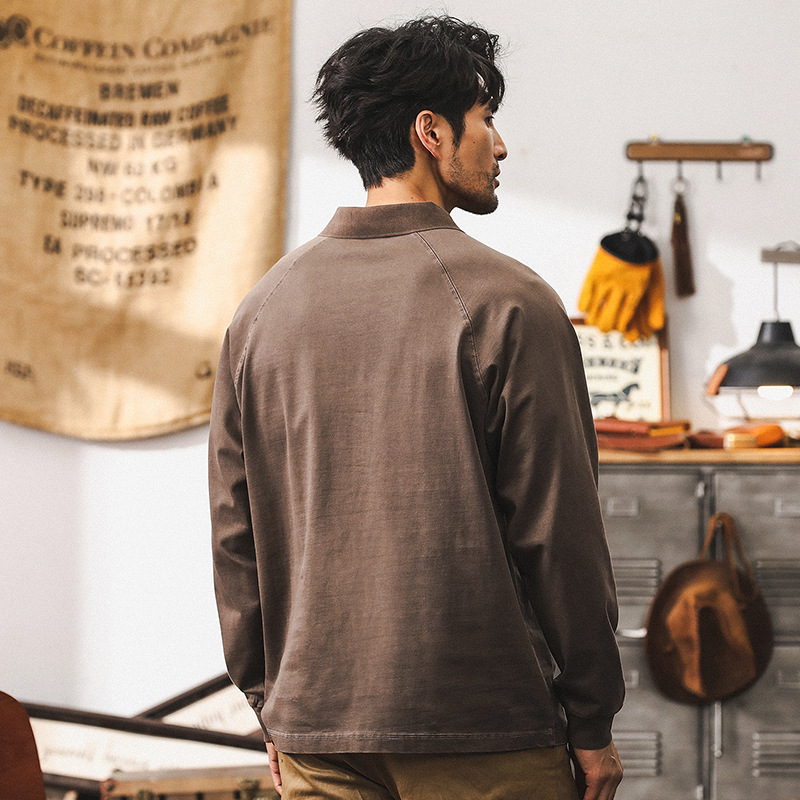 美式復古重磅T恤男秋季寬鬆復古水洗硬漢帥氣潮流長袖POLO衫