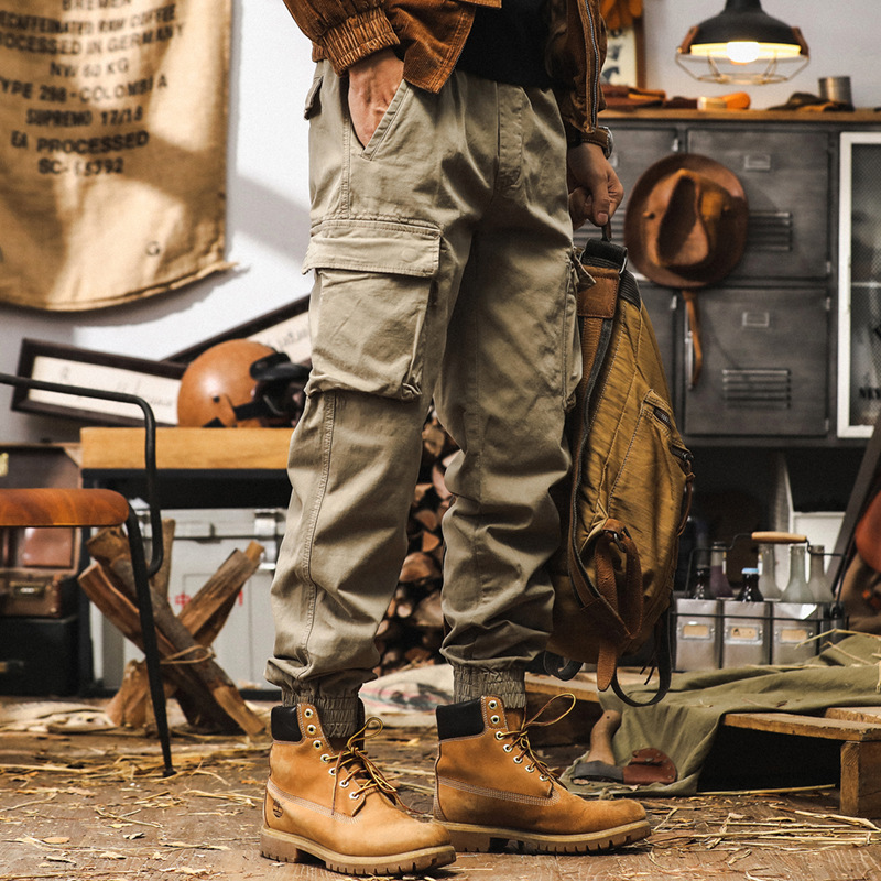 美式復古紫色工裝褲男寬鬆潮牌秋季多口袋束腳城市戶外通勤休閒褲