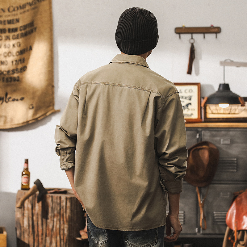 美式復古卡其色工裝襯衫男秋季長袖潮牌寬鬆男士水洗休閒夾克外套