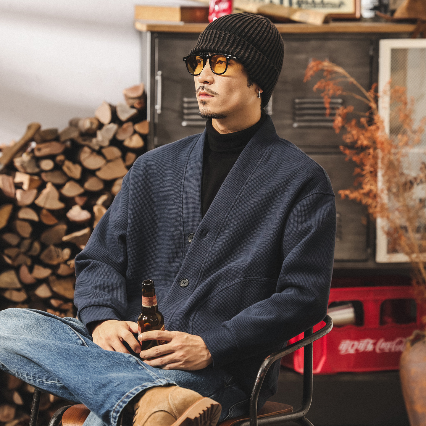 美式復古華夫格開衫外套男春秋慵懶風重磅衛衣寬鬆休閒外套男秋冬