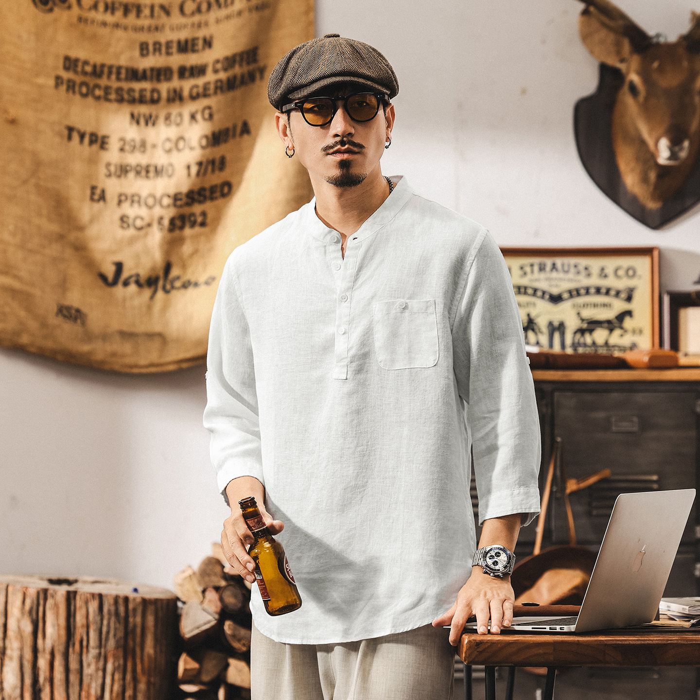 亞麻古風中式復古短袖T恤男夏季新款七分袖古風國潮Polo衫男