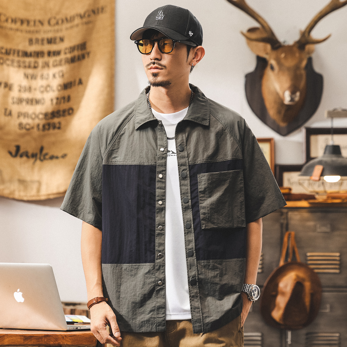 機能戶外速乾襯衫男夏季短袖2025新款潮流拼接撞色美式工裝襯衣男