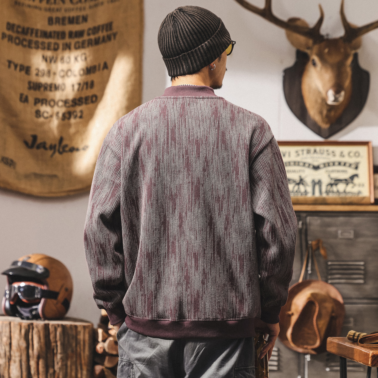 美式復古亨利領重磅衛衣男春秋新款潮牌寬鬆大碼潮流紫色男士上衣