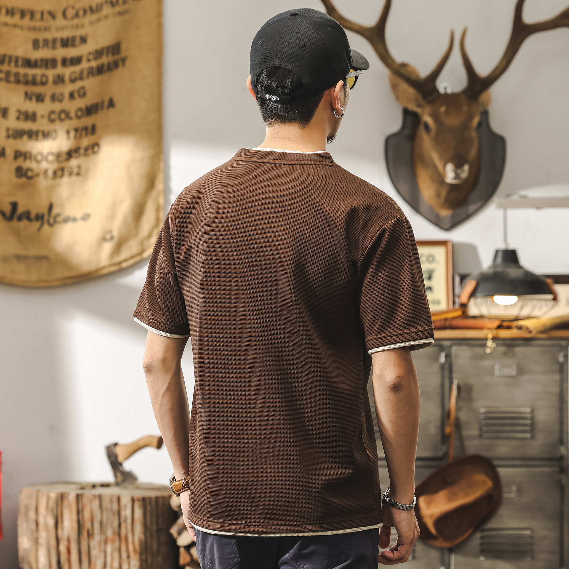 美式復古假兩件短袖T恤男夏季2025新款潮流華夫格寬鬆上衣體恤男