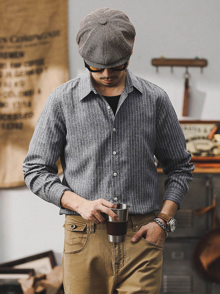 2024新款春季簡約條紋休閒襯衫男士百搭美式經典復古長袖襯衣外套