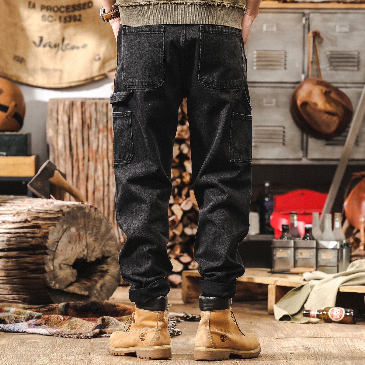 美式復古做舊水洗牛仔褲男秋季潮牌直筒伐木硬漢工裝褲寬鬆休閒褲