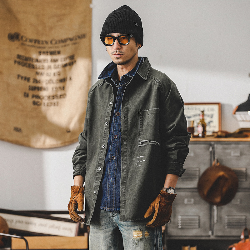復古洗褪工裝襯衫男長袖寬鬆硬漢獵裝教練夾克外套男春季
