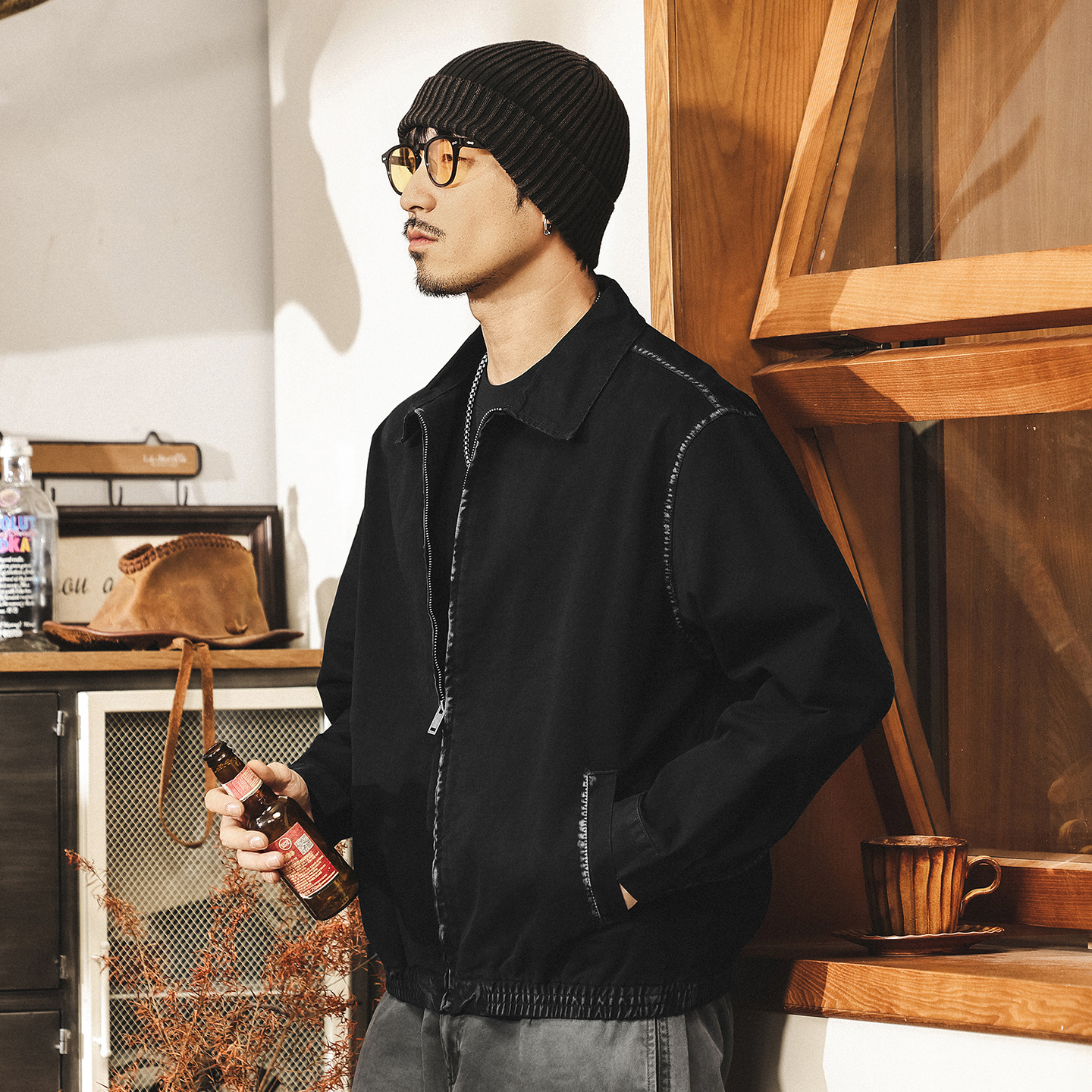 美式復古工裝教練夾克男寬鬆秋季新款塗染明線潮牌帥氣春秋外套男