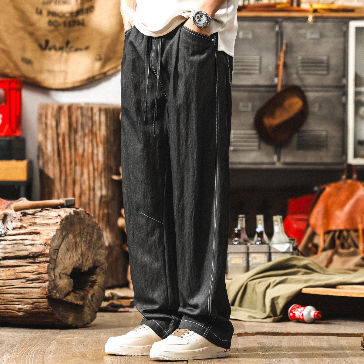 美式復古薄款褲子男夏季寬鬆垂感慵懶風闊腿褲男潮牌直筒休閒長褲