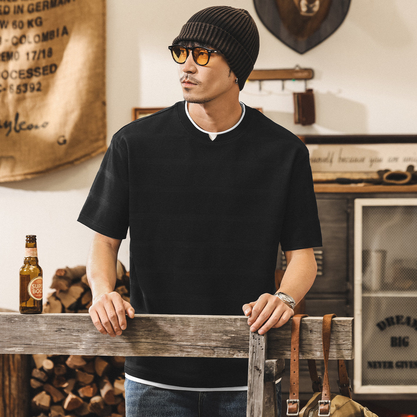 美式復古摩登提花短袖T恤男夏季2026新款寬鬆潮流休閒假兩件上衣