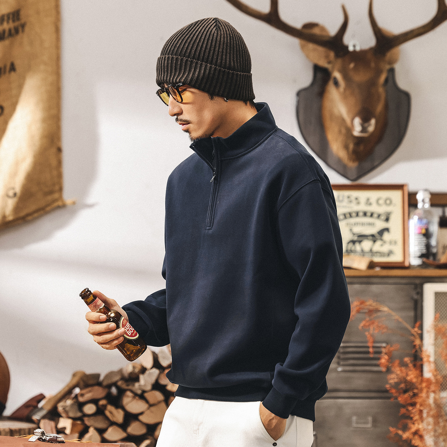 美式復古半拉鍊重磅衛衣男春秋2025新款寬鬆大碼休閒立領潮牌上衣