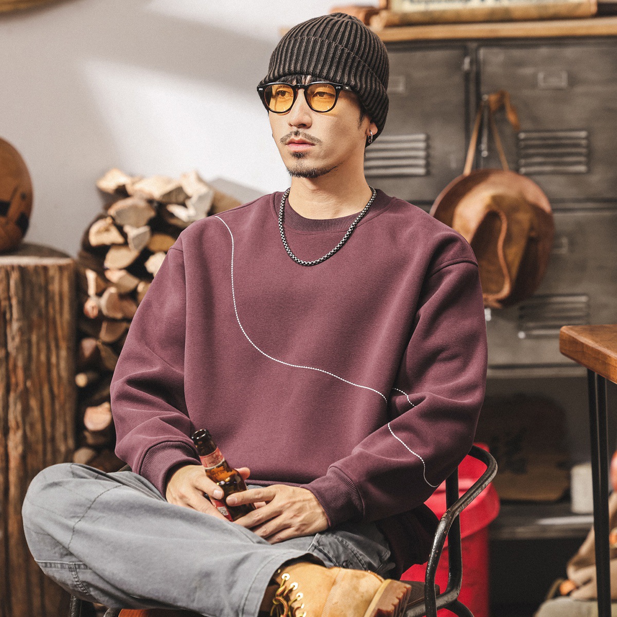 美式復古圓領套頭衛衣男款重磅春秋新款明線設計寬鬆男士秋季上衣