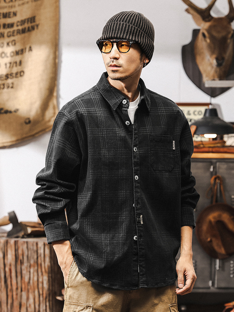 美式復古重磅格子襯衫男外套春季寬鬆大碼2025新款休閒夾克衫襯衣