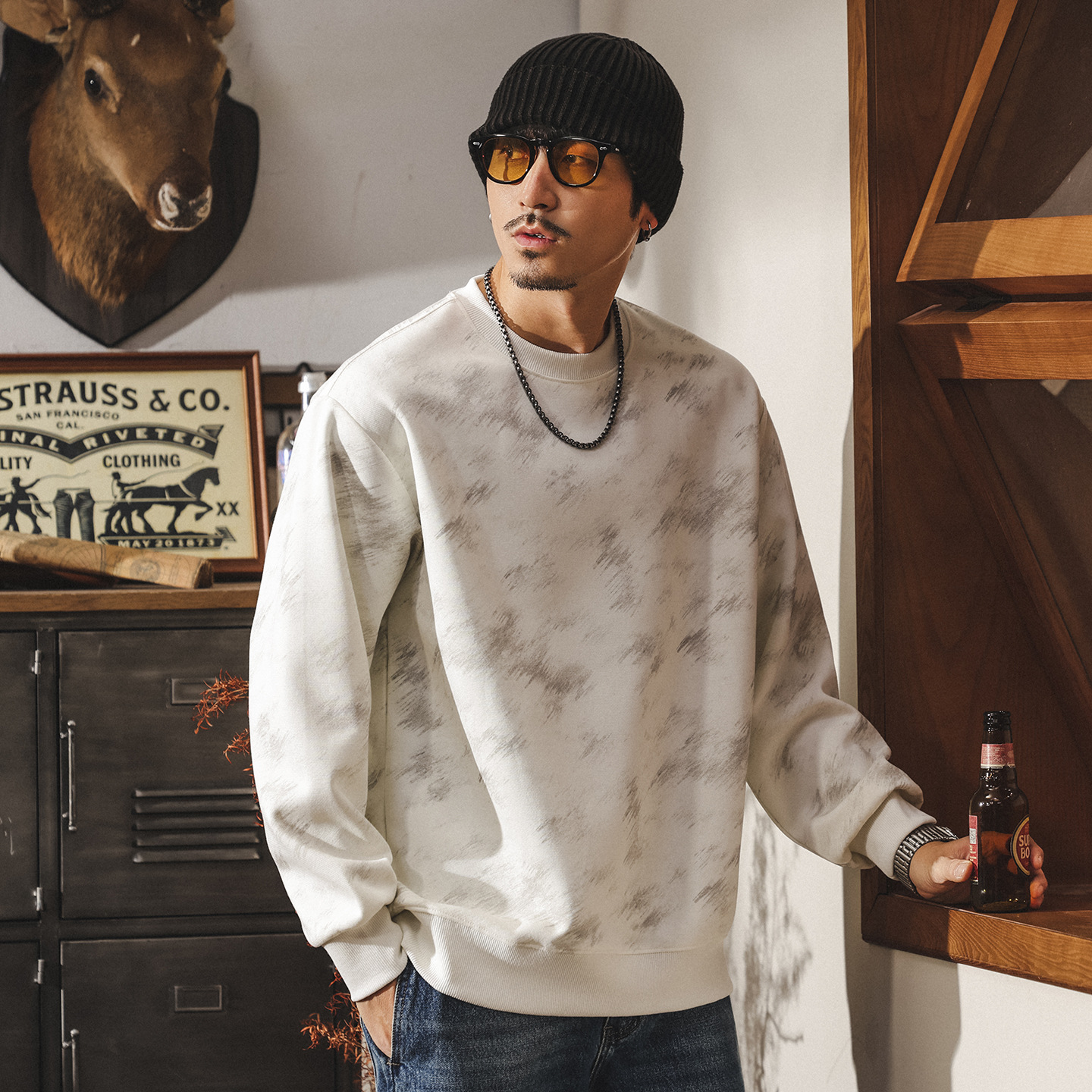 美式復古髒髒扎染重磅衛衣男2025新款潮流寬鬆大碼休閒圓領上衣男