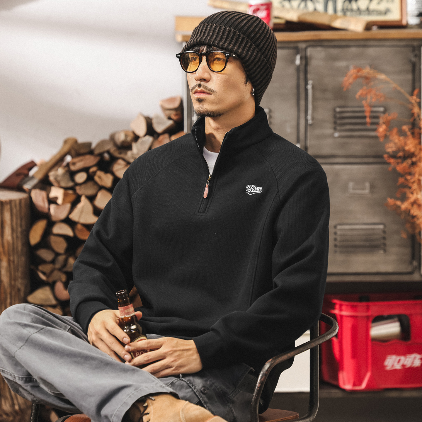 美式復古潮流半拉鏈立領衛衣男春秋2025新款寬鬆刺繡秋季男士上衣