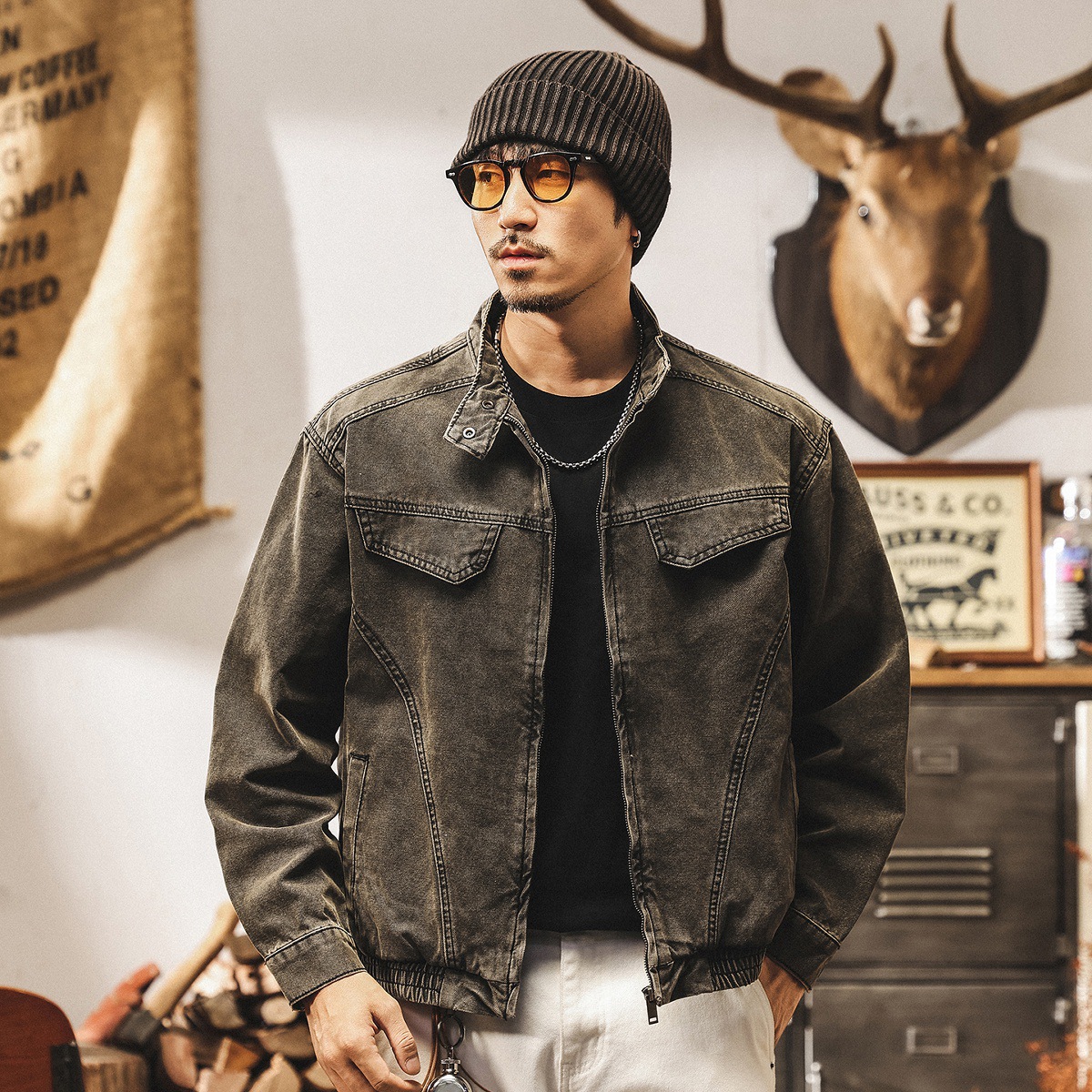 美式復古廢土風牛仔夾克男秋季潮牌痞帥寬鬆重水洗工裝外套男春秋