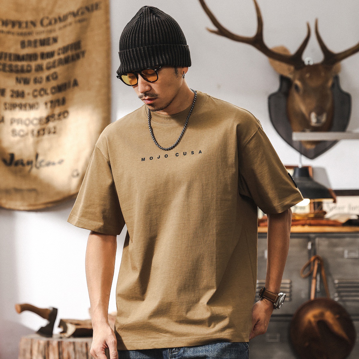 美式復古32支雙紗短袖T恤男夏季潮流簡約膠漿印花休閒上衣男