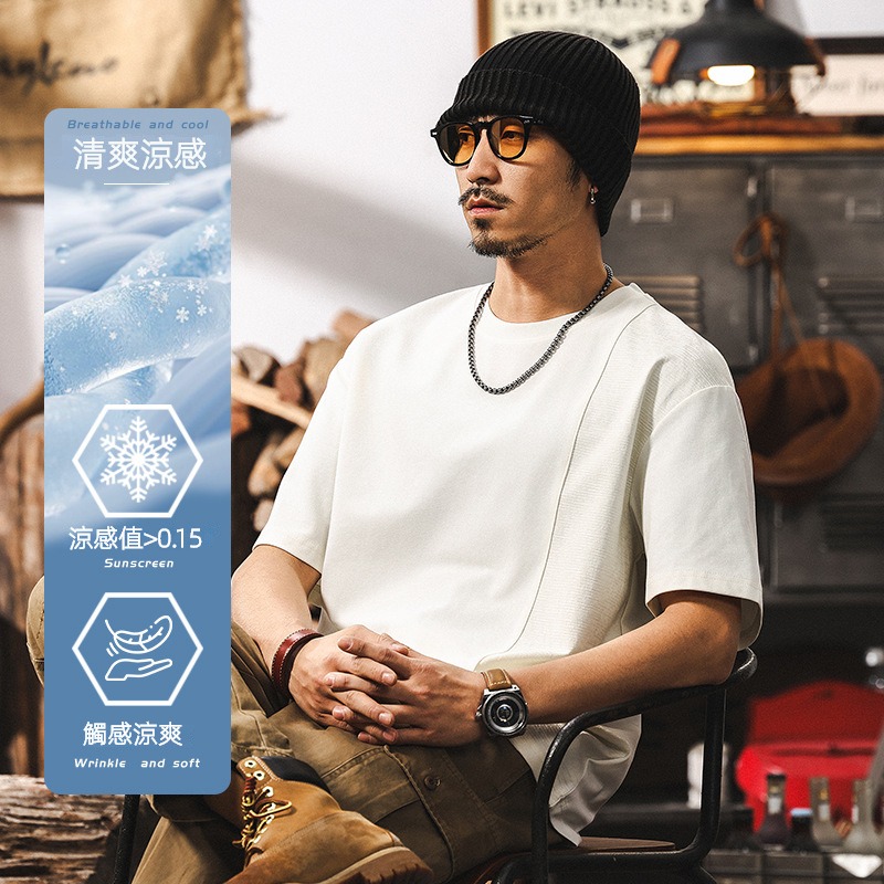 雲梯棉拼接提花涼感T恤2025新款短袖男夏季潮牌美式復古寬鬆上衣T